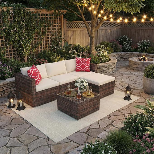 5-Piece L-Shaped Outdoor Patio Furniture Set, PE Wicker Sectional Sofa Set - Image 2
