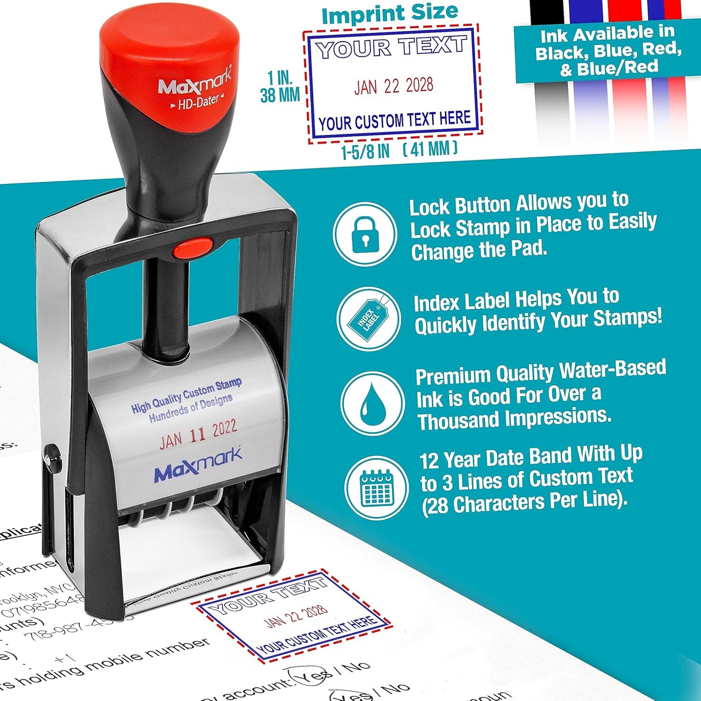 MaxMark Heavy Duty Self Inking Date Stamp with Phrase Received - Black Ink