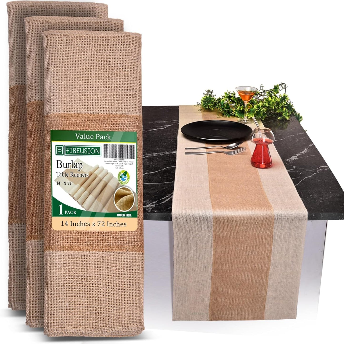 Burlap Table Runners (Pack of 1) – 14”x 72” - No-Fray Finished Edge Natural Table Runner – No Odor Farmhouse Style Natural Stripe on White Burlap Runner - Perfect for Christmas, Wedding, Thanksgiving