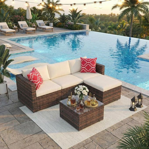 5-Piece Patio Sectional Sofa Set, All-Weather Brown PE Rattan Outdoor by GarveeHome