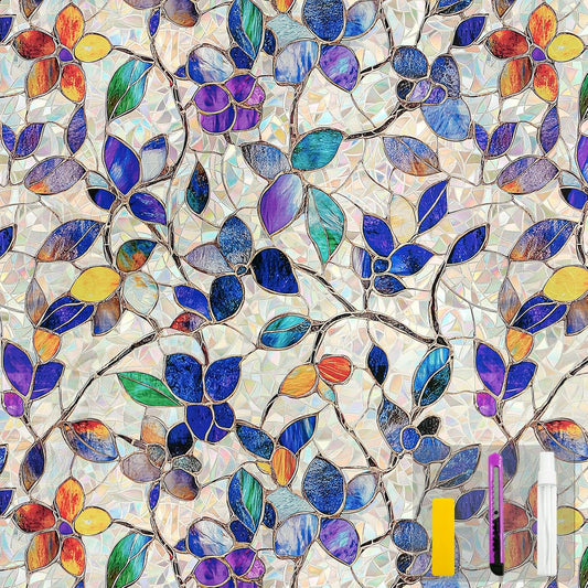 Window Privacy Film Stain Glass Window Film Rainbow Window Film Window clings Non-Adhesive Reusable Decorative for Room (Stained Leaf, 17.5 x 157.4 in)