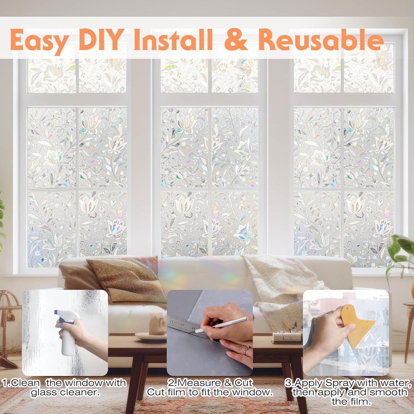 Hilarious Privacy Window Film, Tulip Window Vinyl, Stained Glass Static Stickers, 3D Decorations for Glass Windows, Removable Window Covering, Adhesive-Free Stickers (29.5'' x 118'')
