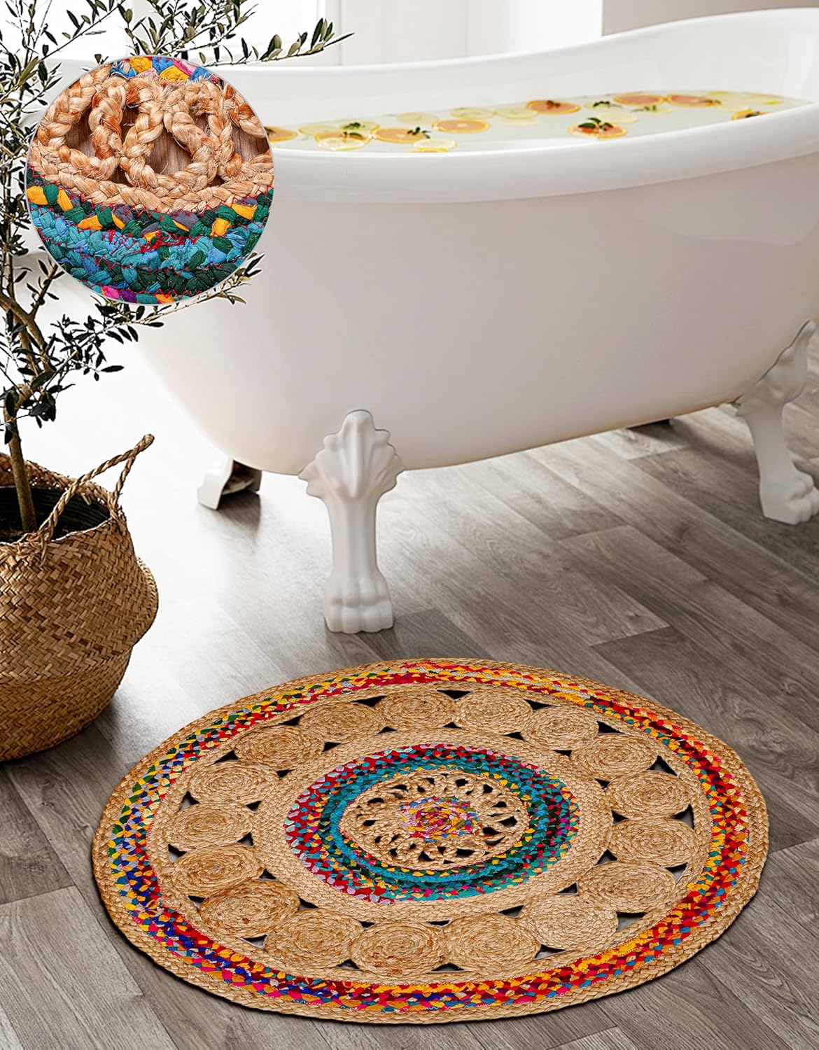 6' Round Handwoven Jute Chindi Area Rug - Colorful Boho Rugs for Living Room - Hand Braided Multicolor Bohemian Rug for Farmhouse, Bedroom, Dining Room, Classroom, Hallway, Kitchen, Office