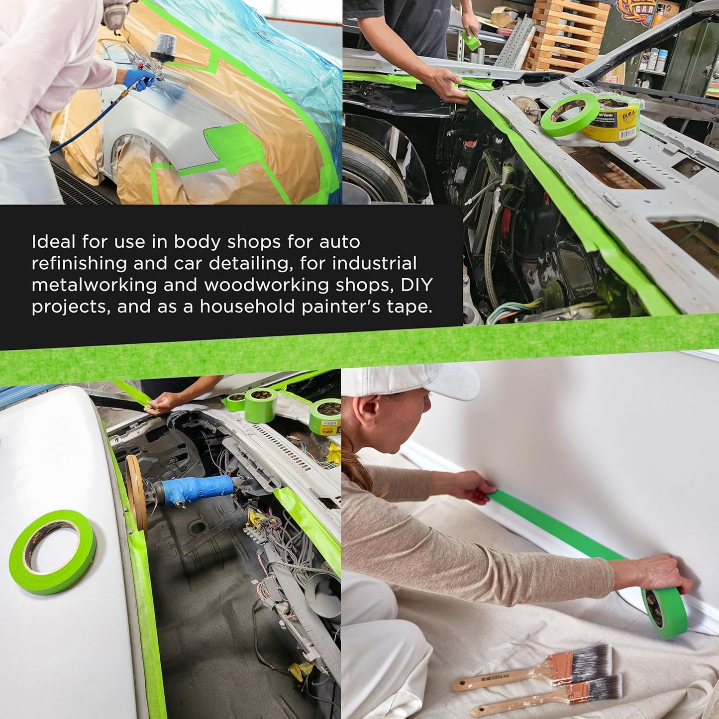 Dura-Gold Green Automotive Masking Tape 1/2 Inch (12mm x 55 Yards), 4 Rolls - Premium High-Performance, Heat Resistant - Auto Refinish Painting, Car Detailing, Autobody, Industrial, Painters Tape