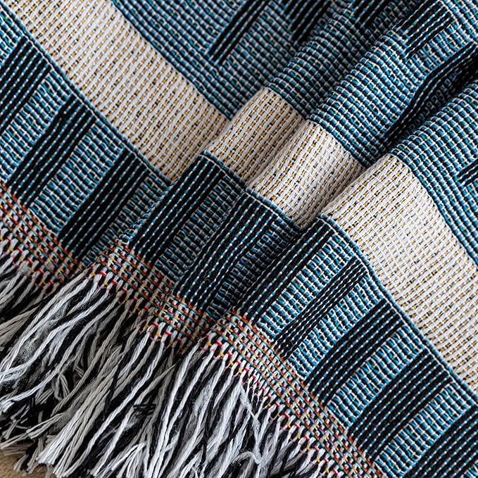 VClife Boho Sofa Couch Cover White Blue Plaid Stripe Couch Cover - Image 9