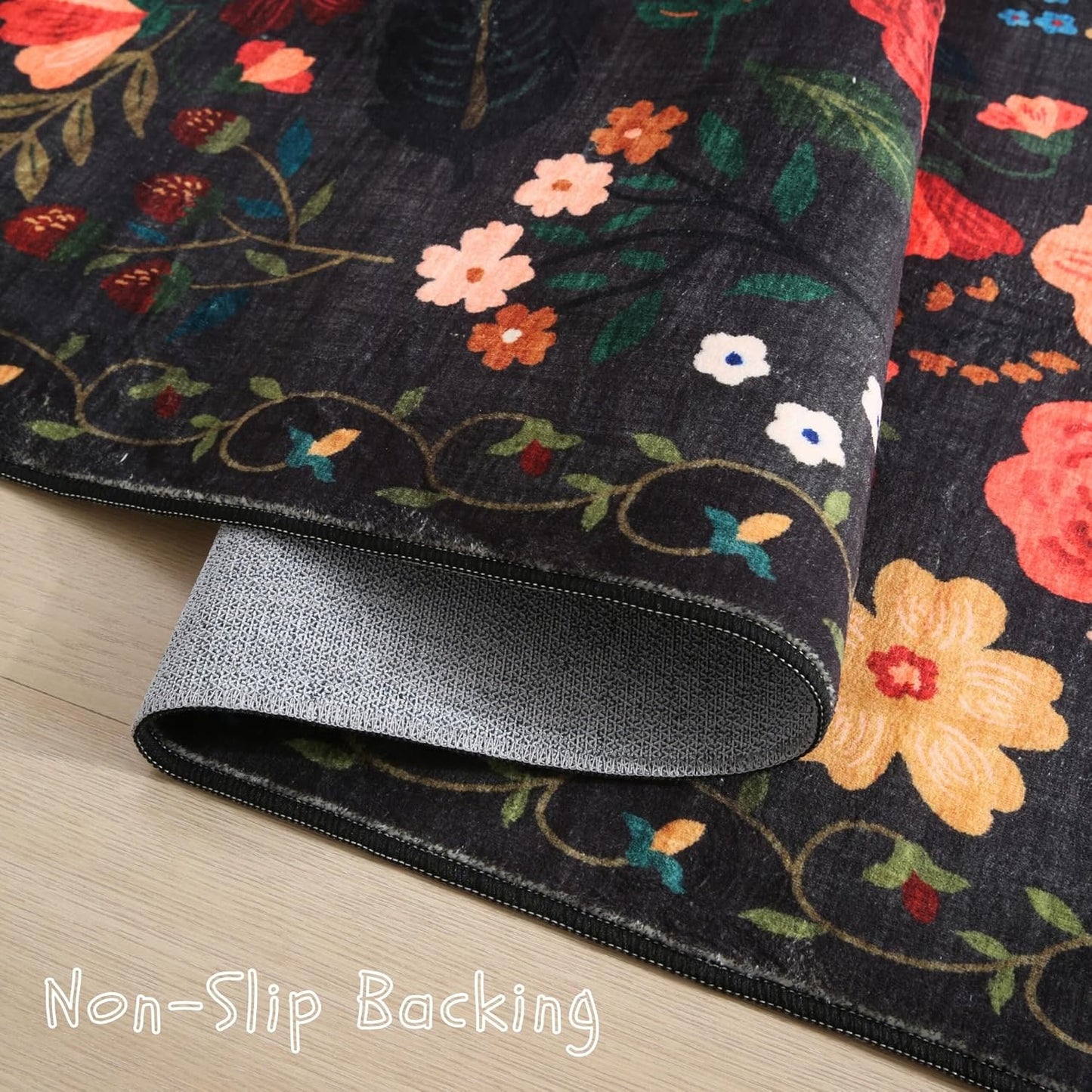 Rugcomf Bedroom Rug 3x5 Rug Washable Area Rug Non Slip Low Pile Boho Floral Small Carpet for Bedroom, Bedside, Kitchen, Entryway, Kids Room, Office, College Dorm Essentials for Girls(Black)