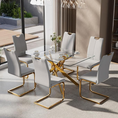 7-Piece Dining Table Set for 6, Modern Rectangular Glass Table by KATBOCFurniture
