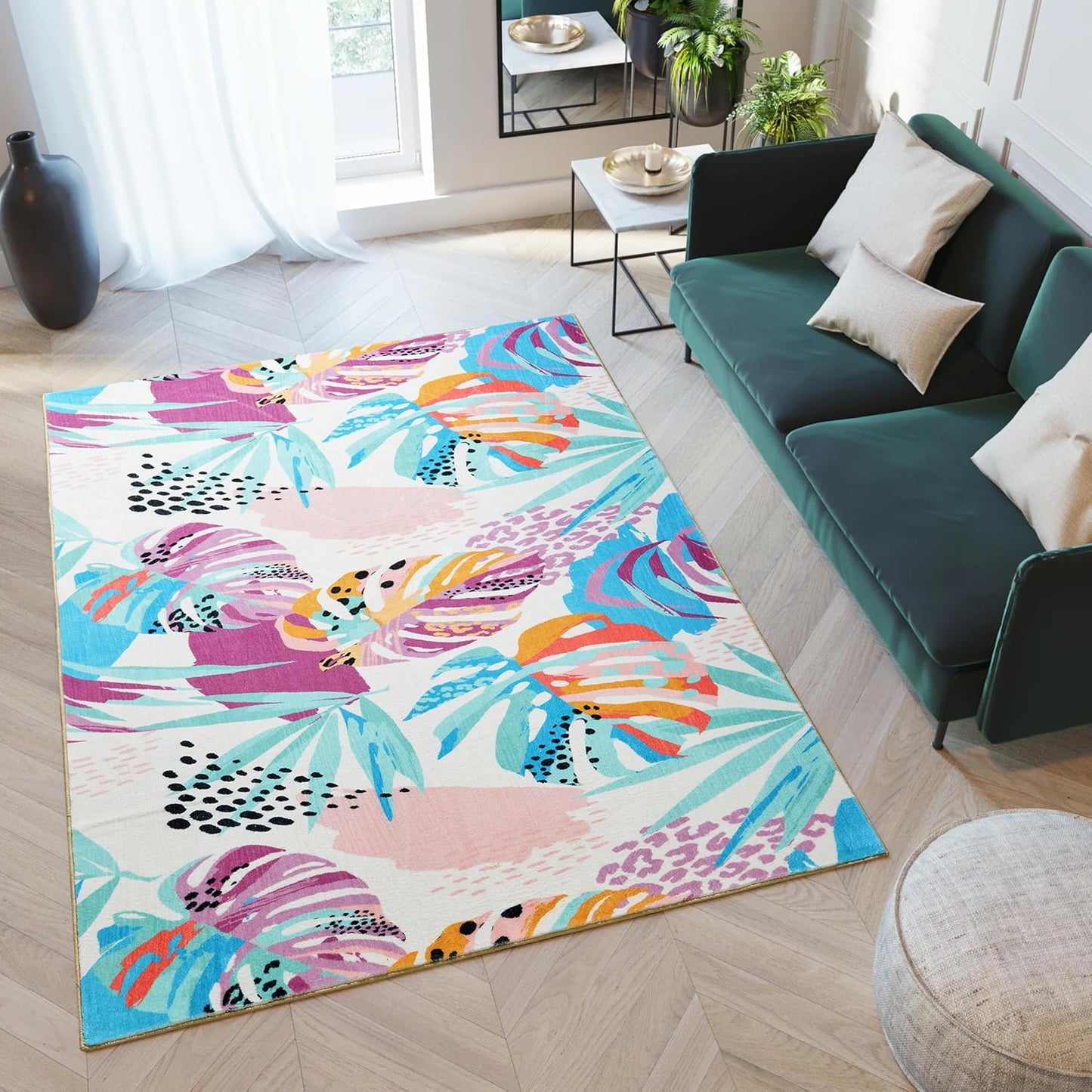 RoomTalks Tropical Leaves Washable Rug, Colorful Pink Blue Boho Cute Floral Aesthetic 5x7 Area Rugs for Bedroom Dorm Living Room Kitchen, Modern Abstract Art Palm Leaf Thin Indoor Entryway Carpet