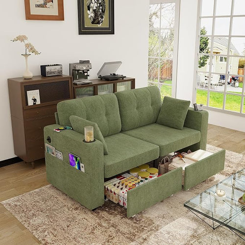 67" Small Loveseat Couch with Storage, USB Charging and Cup Holder, Space - Image 2