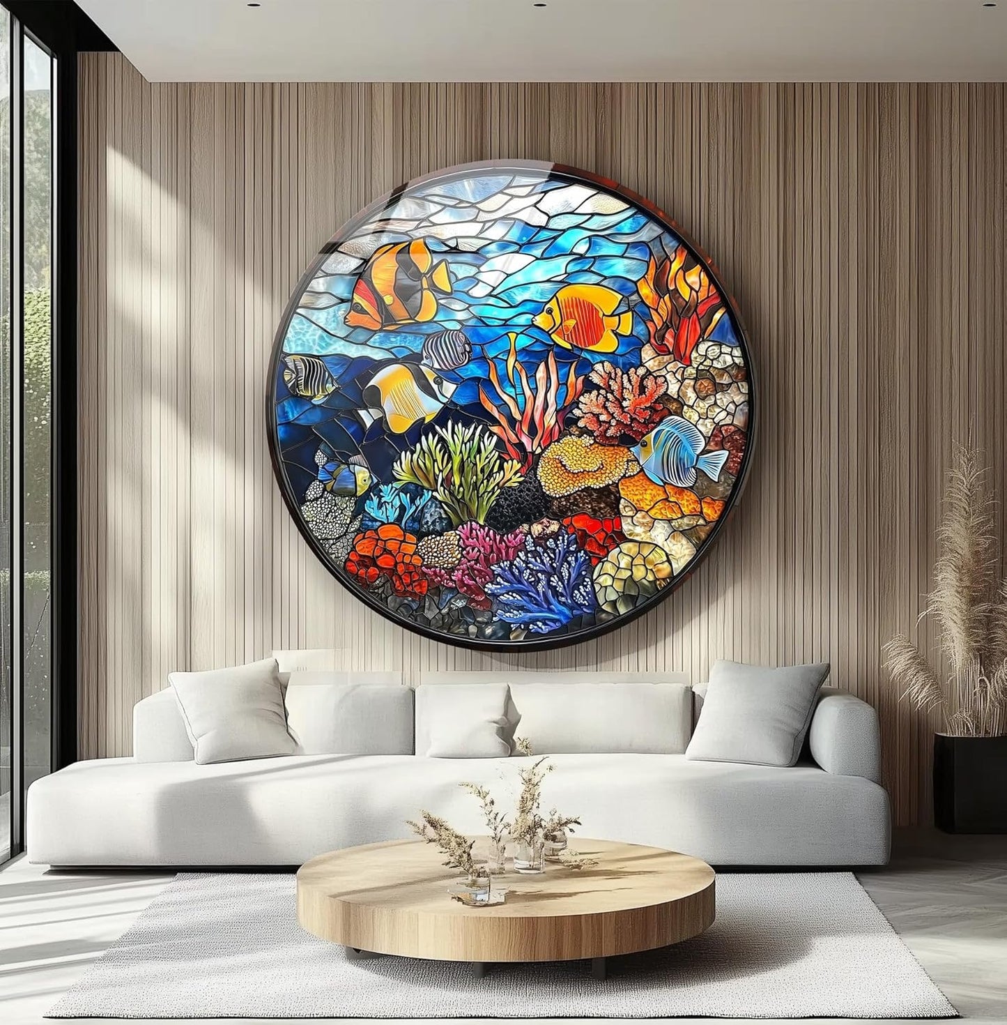 My Photostation.com 15.8''(40cm) Diameter Coral Reef Mosaic Round Glass Wall Art Tempered Glass Printing Wall Decor Large Wall Art Wall Hangings