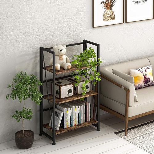 4NM No Assembly Folding Bookshelf Storage Shelves 3 Tiers Vintage Bookcase - Image 2