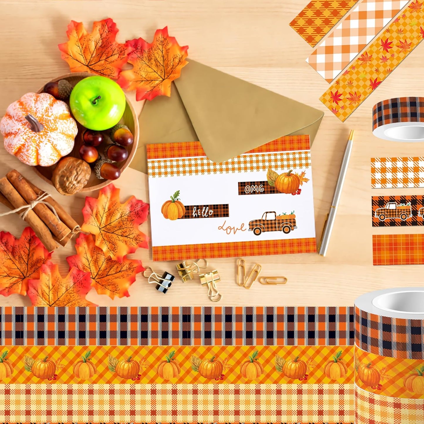 12 Rolls Fall Washi Tape, Thanksgiving Autumn Maple Leaves Pumpkin Plaids Masking Washi Tape 15mm, Thanksgiving Harvest Decorative Tape Sticker for Scrapbook, Journal, DIY Craft, Gift Wrapping