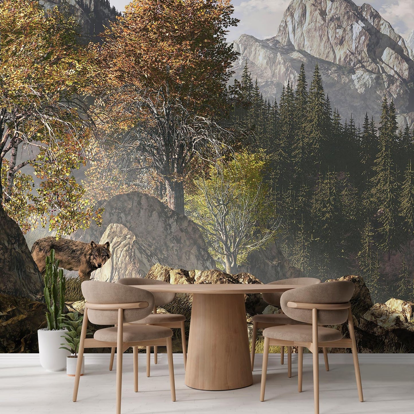 wall26 Wall Sticker/Wall Mural Wolf Near a Lake in a Rocky Mountain Landscape, Not Peel and Stick, Non-Woven Wallpaper Decorative for Bedroom, Living Room, Office - 120x120 inches