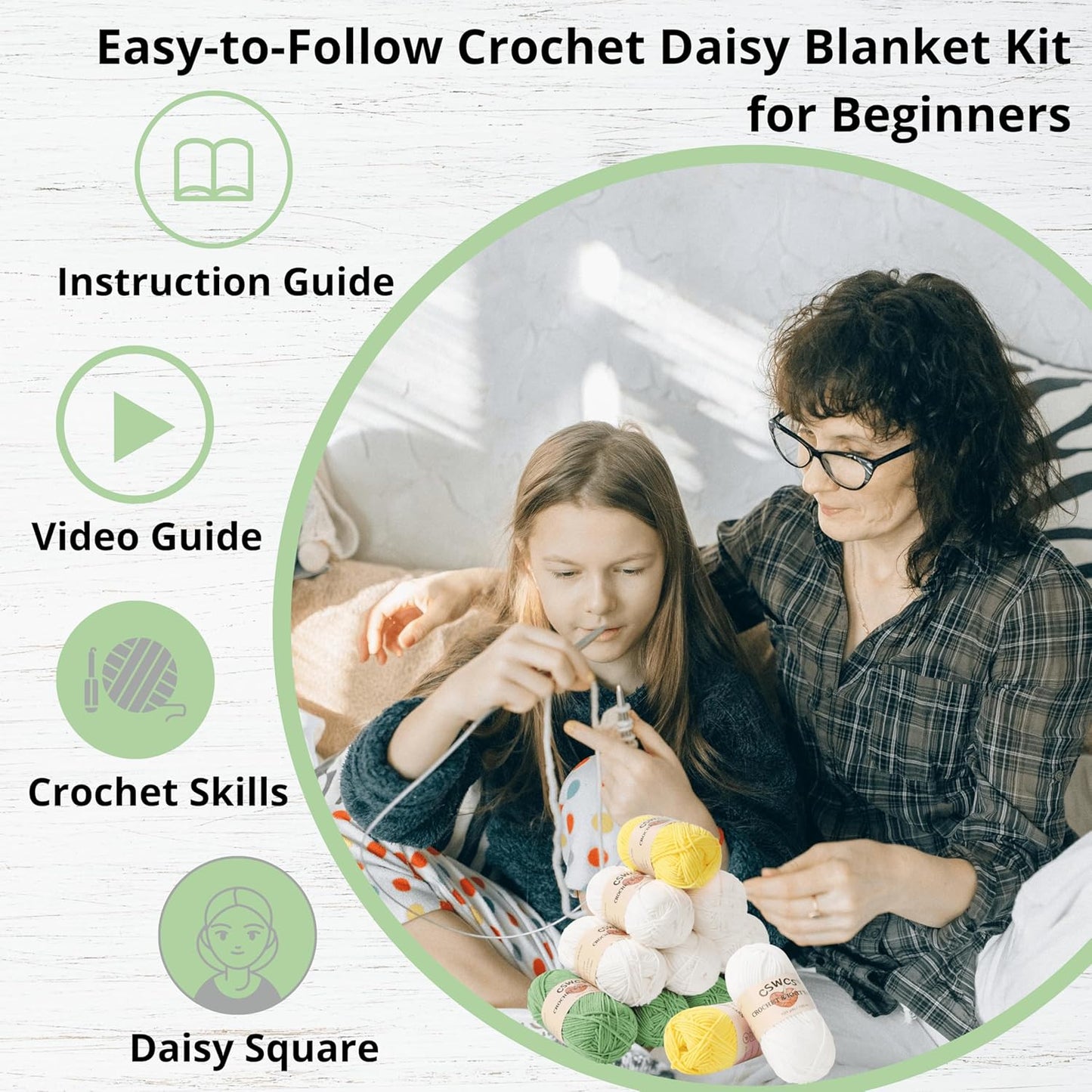 CSWCS Crochet Blanket Kit for Beginners, Daisy Granny Square Throw Kit for Adults, Easy Learn How to Knitting with Yarn & Hook, Complete Starter Set with Step-by-Step Instructions (47" x 39")