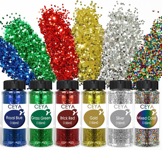 Ceya Bulk Chunky Glitter 6 Assorted Colors, 4.23OZ Each Jar Crafts Christmas Glitter, 1/24” Medium Size Nail Sequins for School Classroom Art,DIY Craft Slime Poster Card,Red,Blue,Silver,Gold,Green,Mix