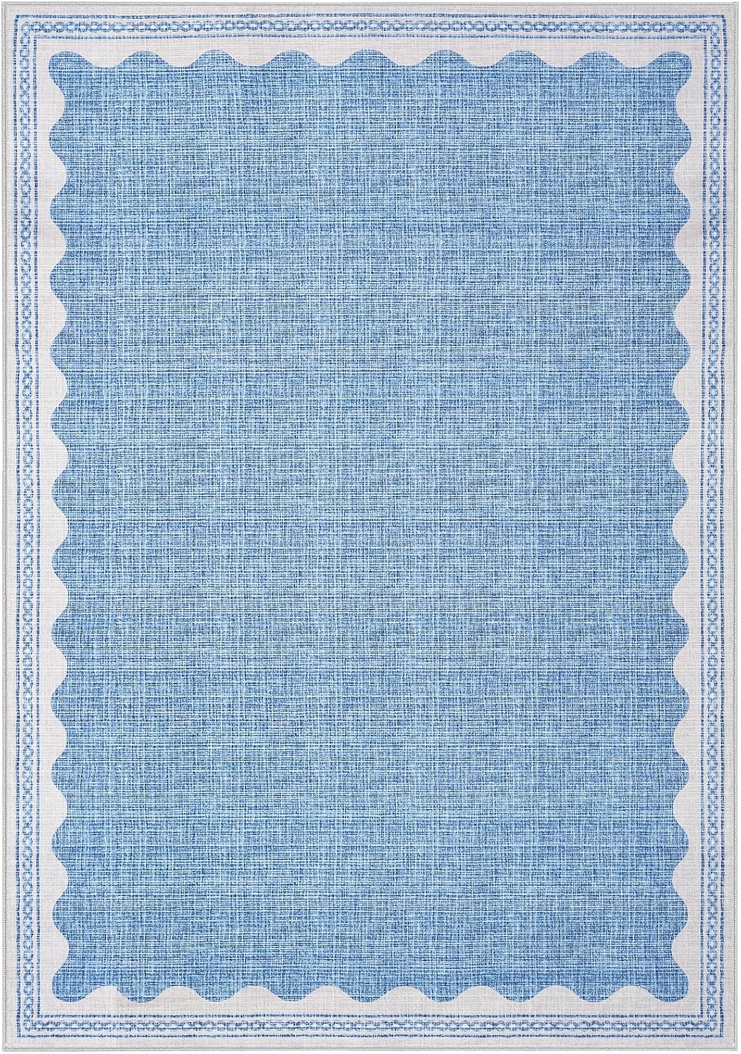 Scalloped Washable Rug 9x12 Area Rugs for Living Room, Solid Blue Rug for Bedroom Girls, Non Slip Throw Mat with Rubber Back, Soft Dorm Nursery 9x12 Carpet for Dining Room