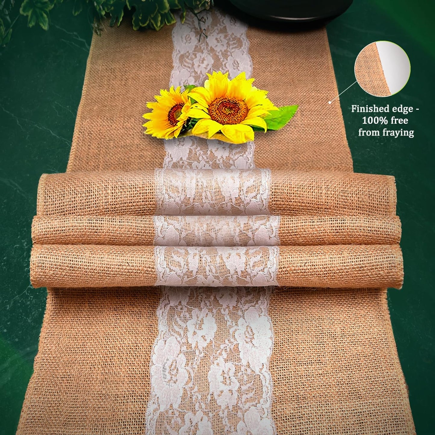 Burlap Lace Table Runner (Pack of 3) – 14”x 72” - No-Fray Finished Edge Natural Table Runner – No Odor, Eco-Friendly Burlap Runner - Perfect for Christmas, Wedding, Thanksgiving