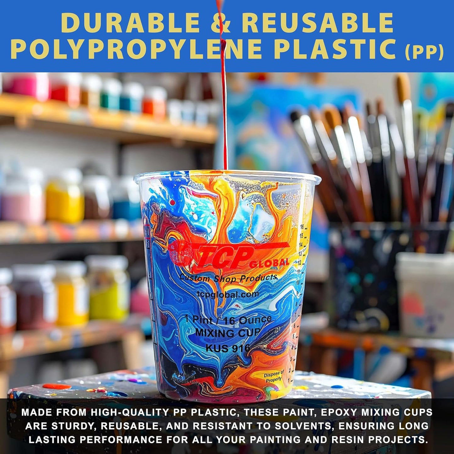 TCP Global Complete Paint Mixing Kit - 12 Cups with Lids, Mixing Sticks, Paddles, Strainers - Epoxy Resin Measuring Cups, Plastic Paint Cup Containers for Automotive & Art Projects