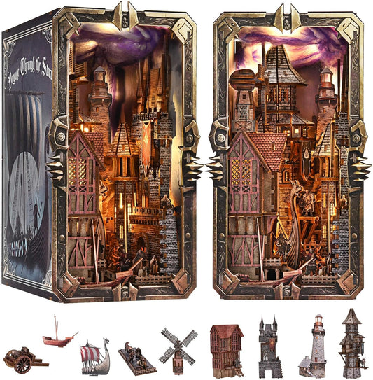 Book Nook Kit - DIY Miniature House Dollhouse Kit for Adults and Teens, Medieval Fantasy Viking Theme Bookshelf Decor 3D Wooden Puzzle Bookend, Gifts for Family, Friends (Voyage Through The Storm)