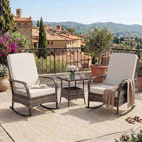3 pcs Outdoor Rocking Bistro Set, Wicker Rocking Bistro Set by Garvee