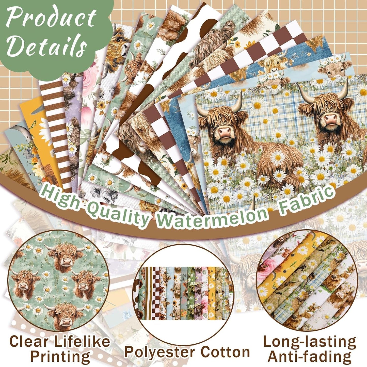 Ganeen 60 Pcs 10 x 10 Inch Highland Cow Quilting Fabric Squares Vintage Highland Cow Fat Patchwork Precut Strips Retro Multicolor Fabric Bundles for Holiday DIY Craft Sewing Quilt Material Handmade