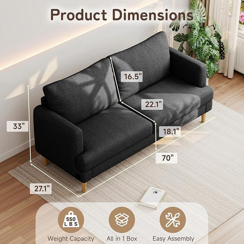 70" Modern Loveseat Sofa with USB Type-C Ports, Linen Fabric 2-Seater Deep Seat - Image 2