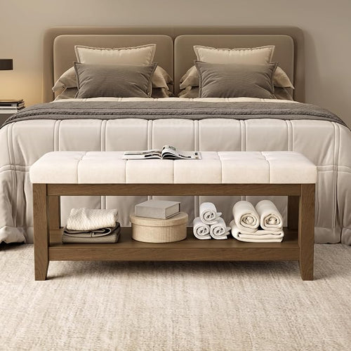 ABHENG Solid Rubber Wood Shoe Bench, Soft Chenille Material Upholstered Seat by Liveinacomfortablehome