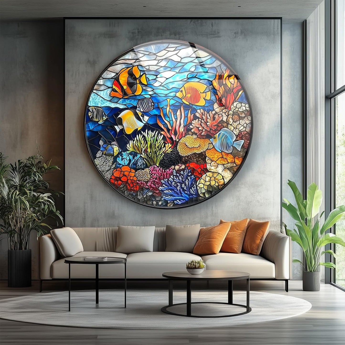 My Photostation.com 24''(60cm) Diameter Coral Reef Mosaic Round Glass Wall Art Tempered Glass Printing Wall Decor Large Wall Art Wall Hangings