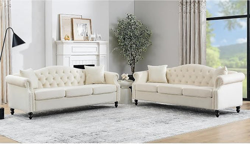 79" 2 Piece 3-Seater Velvet Chesterfield Sofa by Unknown