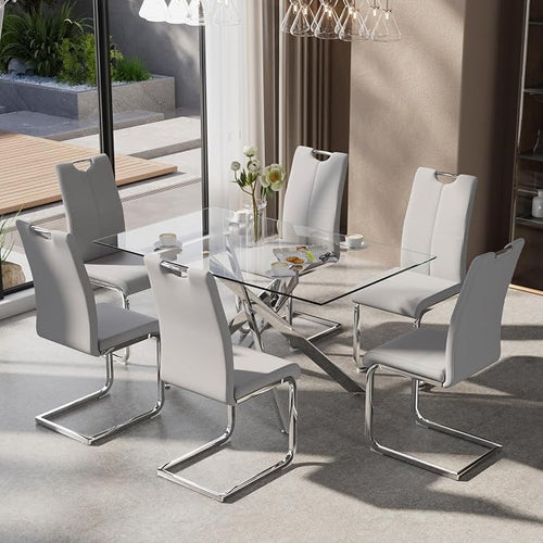 7-Piece Dining Table Set for 6, Modern Rectangular Glass Table by KATBOCFurniture