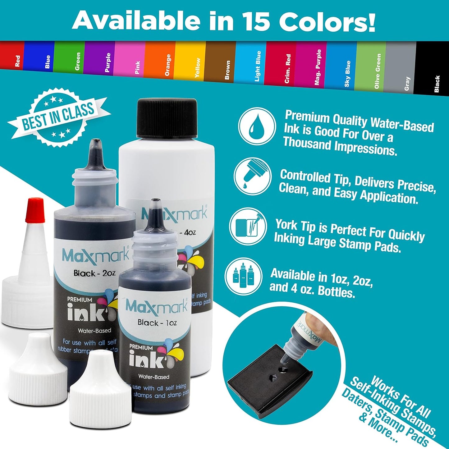 MaxMark Premium Refill Ink for self Inking Stamps and Stamp Pads, Black Color - 2 oz.