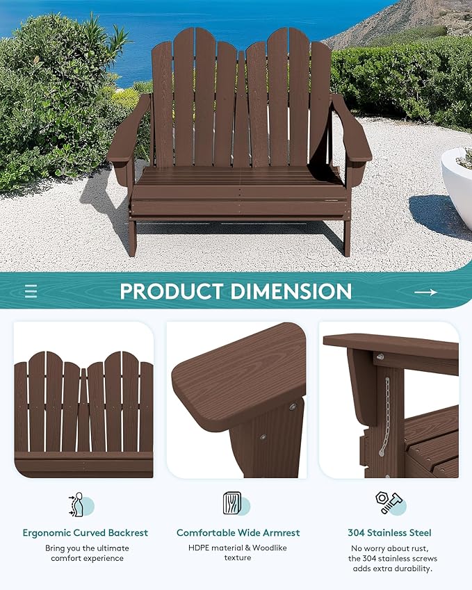 SERWALL Folding Adirondack Bench, HDPE All-Weather Adirondack Loveseat Set of 2 - Image 6