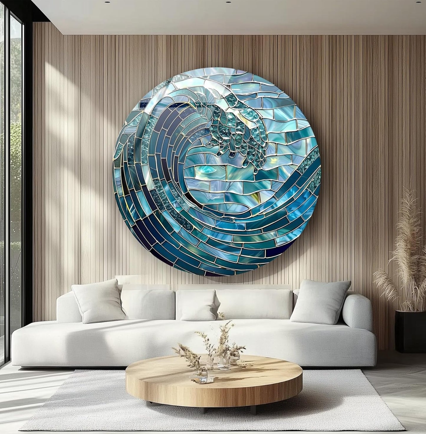 My Photostation.com 39,4''(100cm) Diameter Ocean Wave in Blue Mosaic Round Glass Wall Art Tempered Glass Printing Wall Decor Large Wall Art Wall Hangings