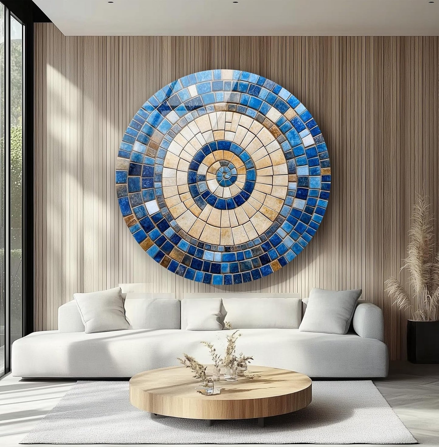 My Photostation.com 24''(60cm) Diameter Coastal Sunburst Beige & Blue Round Glass Wall Art Tempered Glass Printing Wall Decor Large Wall Art Wall Hangings