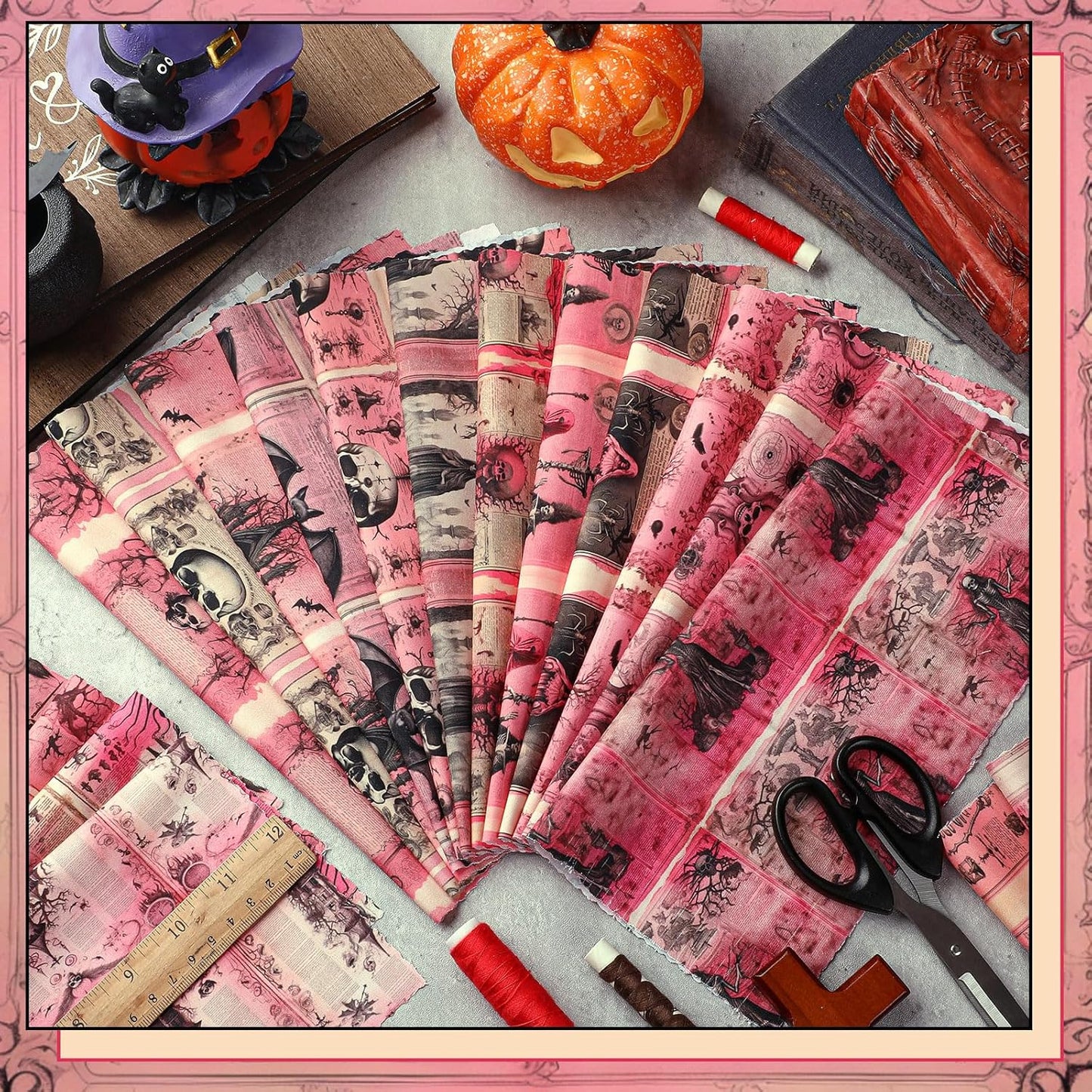 Ganeen 60 Pcs 10 x 10 Inch Pink Halloween Quilting Fabric Squares Vintage Pink Ghost Fat Patchwork Precut Strips Retro Bat Skull Fabric Bundles for Holiday DIY Craft Sewing Quilt Material Handmade