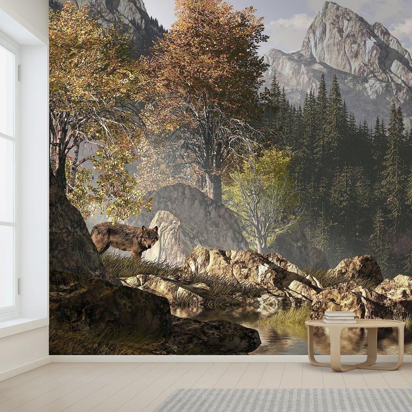 wall26 Wall Sticker/Wall Mural Wolf Near a Lake in a Rocky Mountain Landscape, Not Peel and Stick, Non-Woven Wallpaper Decorative for Bedroom, Living Room,Office - 120x192 inches