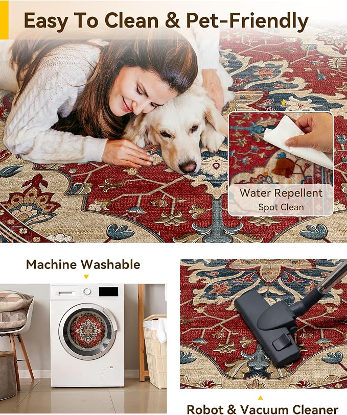 RELEANY Area Rugs Round 5ft Washable Non-Slip, Floral Vintage Distress Print - Image 4