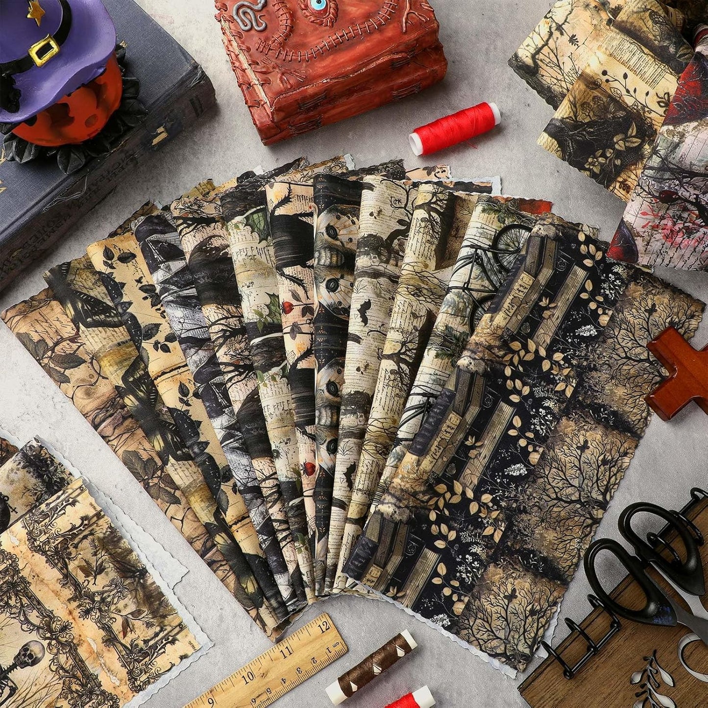 Ganeen 60 Pcs 10 x 10 Inch Vintage Halloween Quilting Fabric Squares Retro Halloween Fat Patchwork Precut Strips Rustic Crow Skull Fabric Bundles for Holiday DIY Craft Sewing Quilt Material Handmade