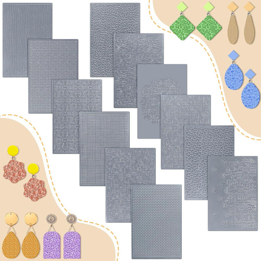 12 Pcs Polymer Clay Texture Sheets Mat Works with Polymer Clay Cutter Embossin Roller DIY Tools for Pottery Earrings Jewelry Making