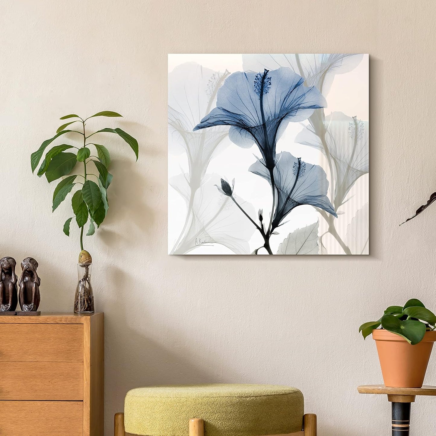 Empire Art Direct Frameless Free Floating Tempered Glass Panel Graphic Wall Art Ready to Hang, 24" x 24", Blue X-ray Floral, Flower wall art
