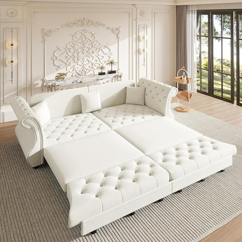 97.6" Oversized Pull Out Sofa Bed, Chesterfield Velvet Sleeper Sofa Couch by Unknown