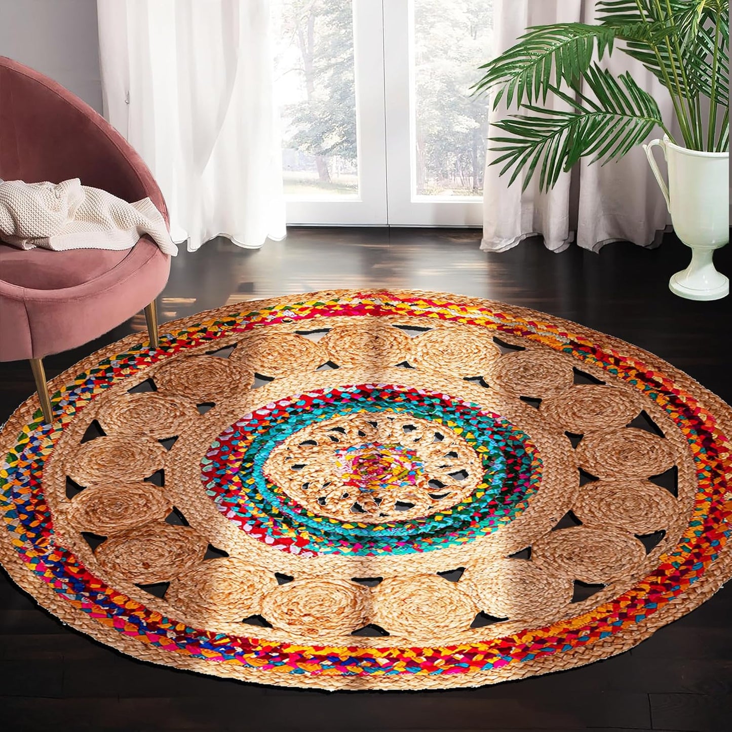 4' Round Handwoven Jute Chindi Area Rug - Colorful Boho Rugs for Living Room - Hand Braided Multicolor Bohemian Rug for Farmhouse, Bedroom, Dining Room, Classroom, Hallway, Kitchen, Office