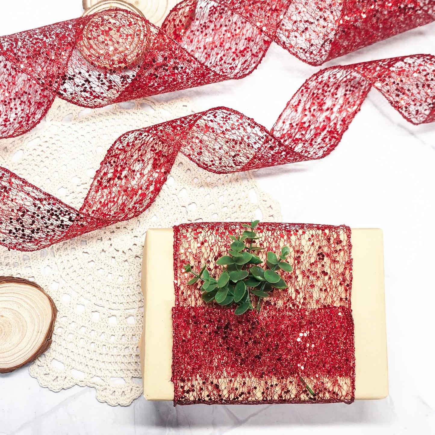 CT CRAFT LLC Sparkling Glitter Mesh Wired Ribbon 2.5" x 10 Yards Red for Christmas Home Decor Bow Gift Wrapping DIY Crafts Wreath