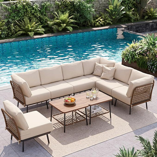 9-Piece Patio Conversation Sets, Rattan Outdoor 7-Seat Sectional Sofa, Wicker - Image 2
