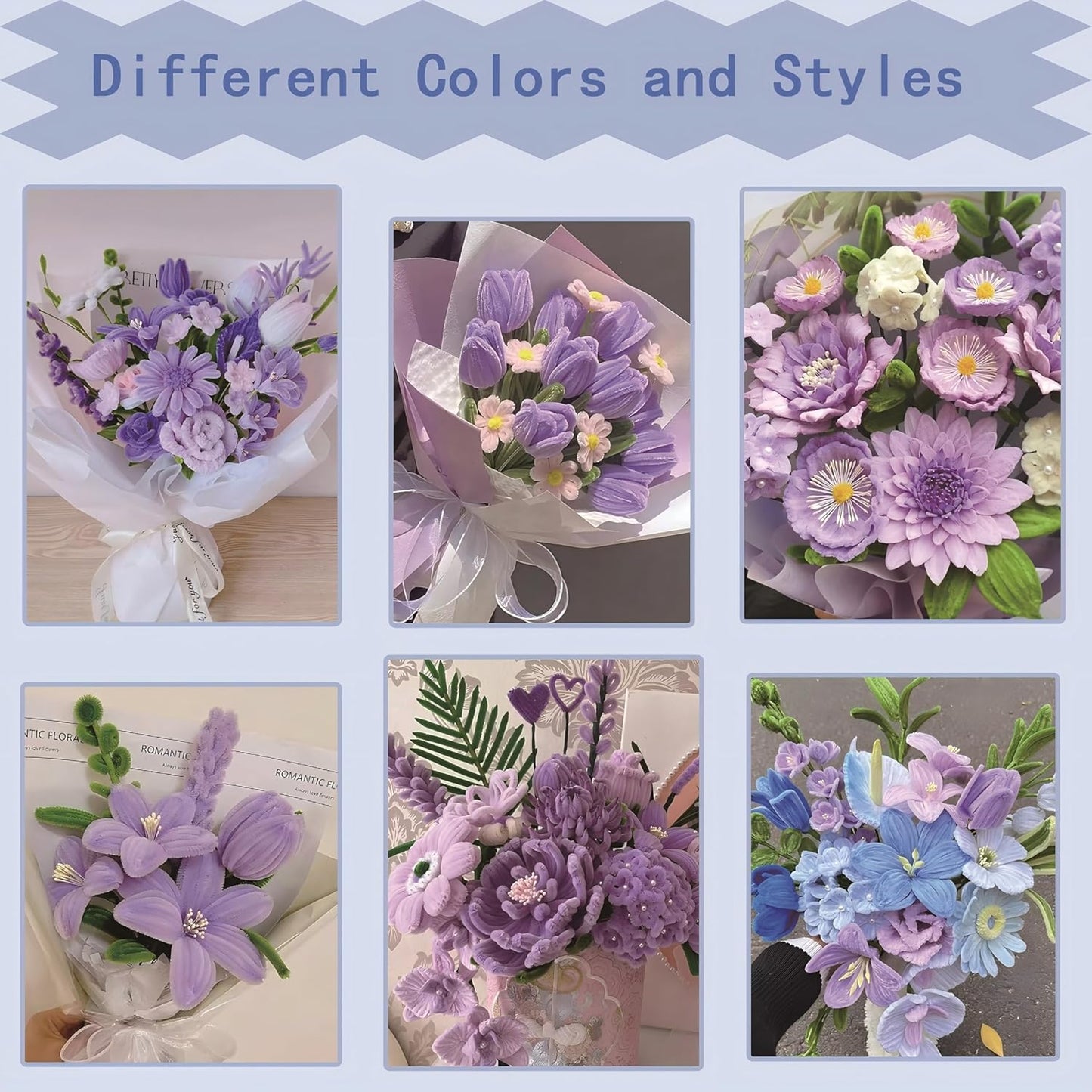 Pipe Cleaners Craft, 400pcs Pipe Cleaners with Flower Stems, Floral Tape, Ribbon, for Flower Bouquet DIY-Purple