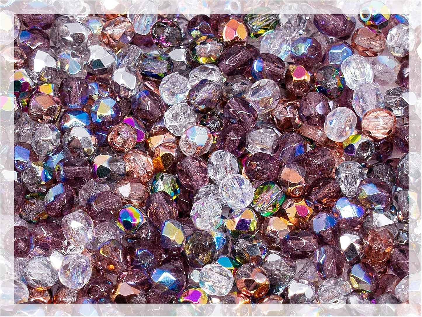 1.8 oz (50 g, cca 600pcs) Mix of Faceted Fire Polished Pressed Czech Glass Beads, Sparkling Shiny Mix