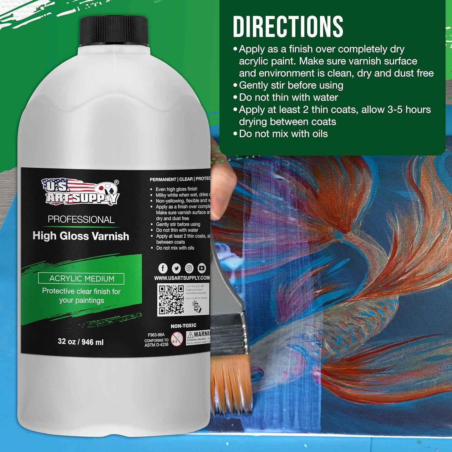 U.S. Art Supply 32 oz High Gloss Varnish for Acrylic Paintings - Clear Protective Finish with UV Protection