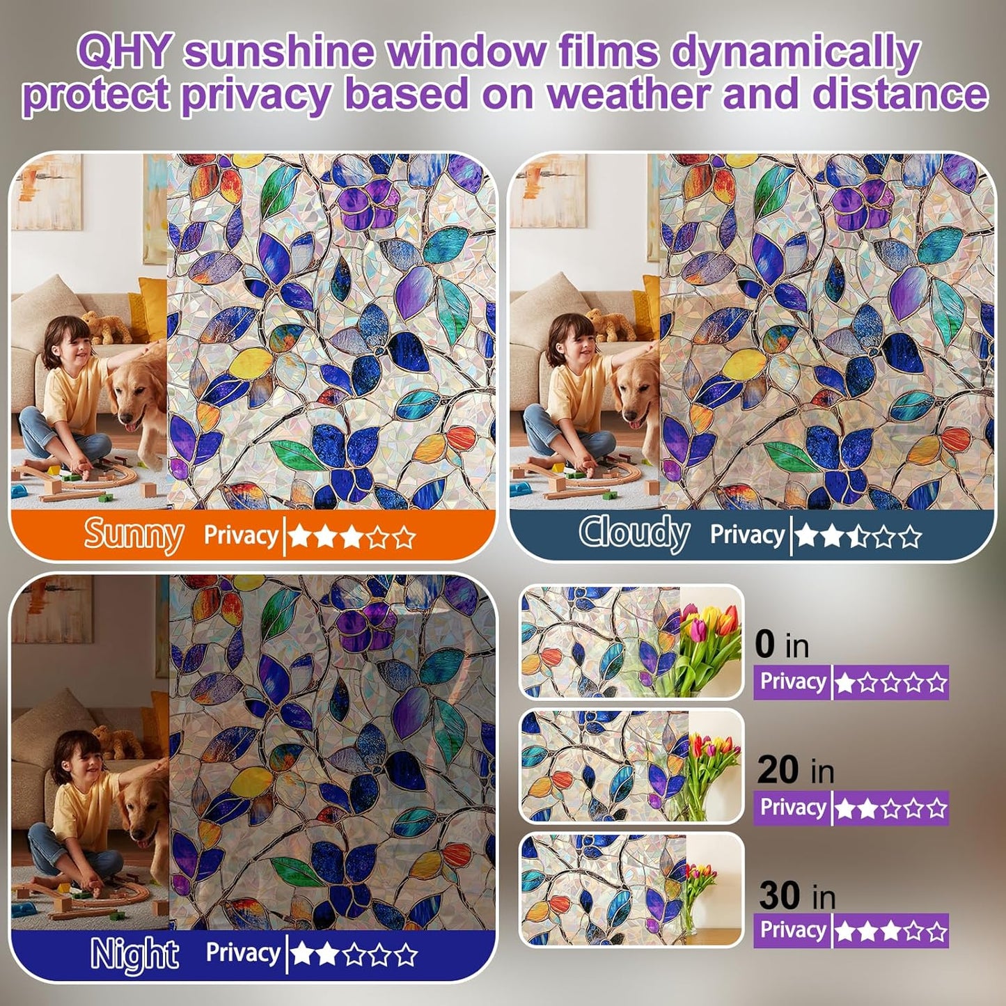 Stained Glass Window Privacy Film Decorative Rainbow Static Clings – Ideal for Home & Office, Adhesive-Free, Removable, UV-Blocking (Purple Rainbow, 35.4 X 78.7 in)
