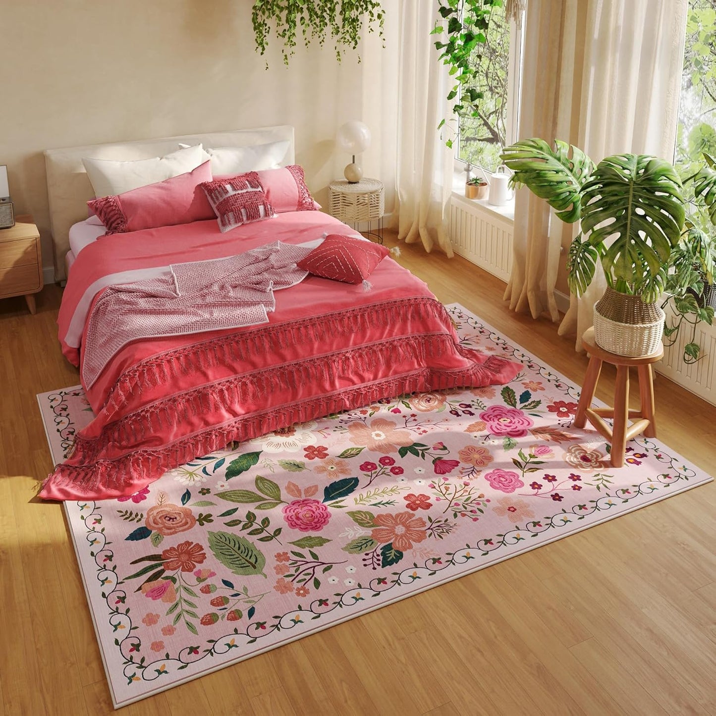 Rugcomf Area Rugs 8x10 Rug for Living Room Clearance Washable Boho Area Rug Non Slip Floral Vintage Low Pile Large Rug for Living Room, Bedroom, Farmhouse, Dining Room, Kids Playroom(Pink)