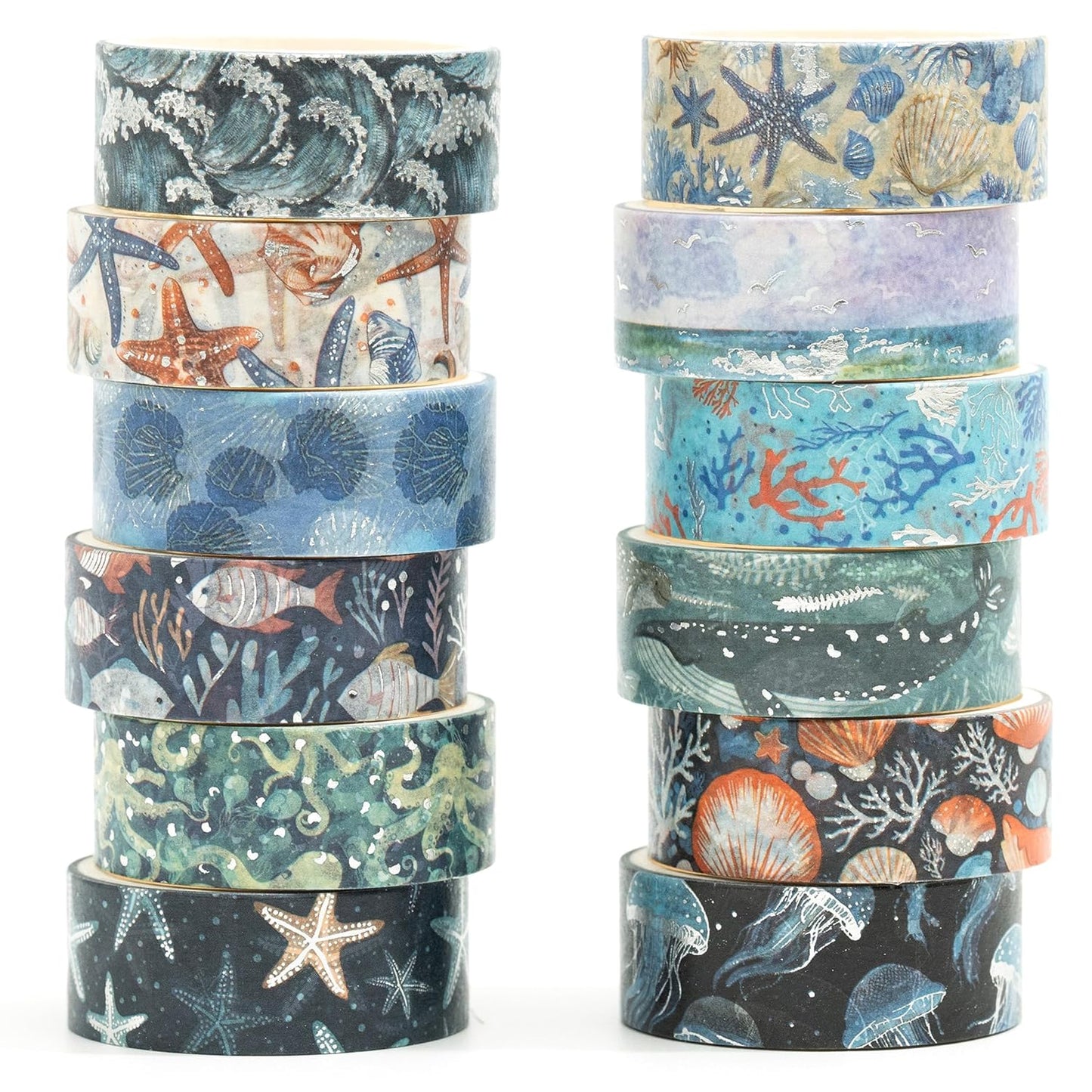 12 Rolls Charming Washi Tape Set Gold Silver Foil Detailing Arts Adhesive Tapes Basic Patterns Decorative Masking Tape Sets for Craft, Kids, Scrapbook, DIY, Gift Wrapping (Oceanic Dreams)